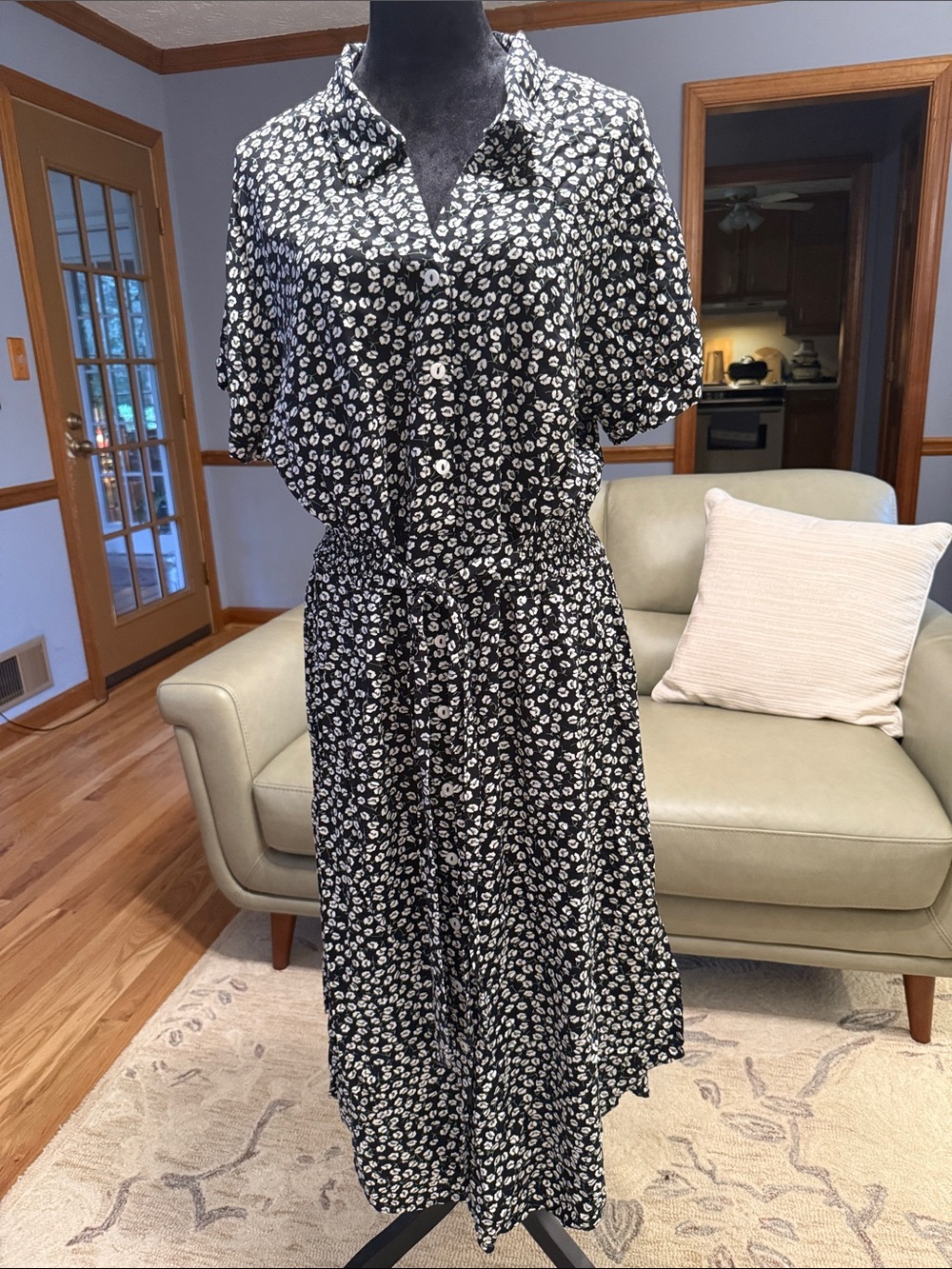 Black Green and White Floral Shirt Dress - Women's XL